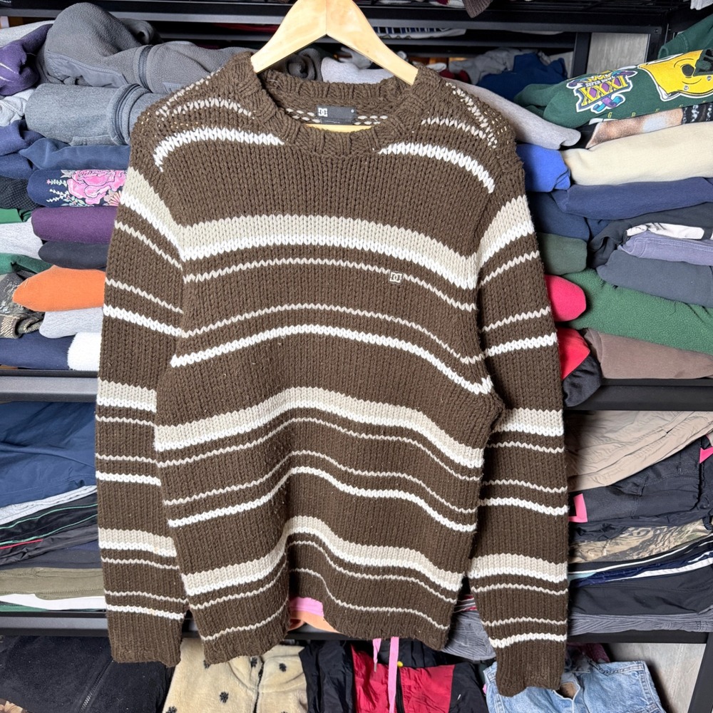 DC‎ Shoes Mens Sweater Striped Knit Long Sleeve Crew Neck Brown L